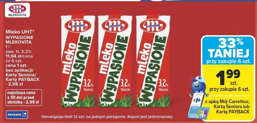 Mleko UHT Wypasione Mlekovita 3,2% tłuszczu promocja w Carrefour Market