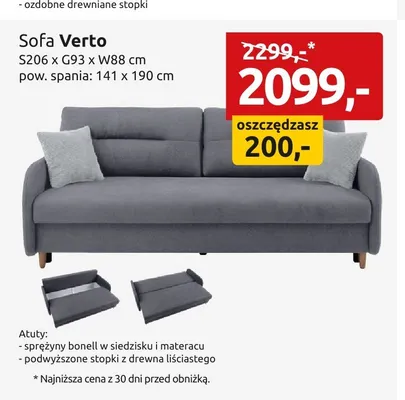 Sofa Verto S206xG93xW88cm pow. spania: 141x190cm promocja w Black Red White