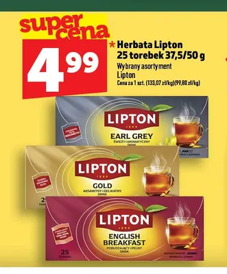 Herbata czarna Lipton Earl Grey 25 torebek promocja w TOPAZ