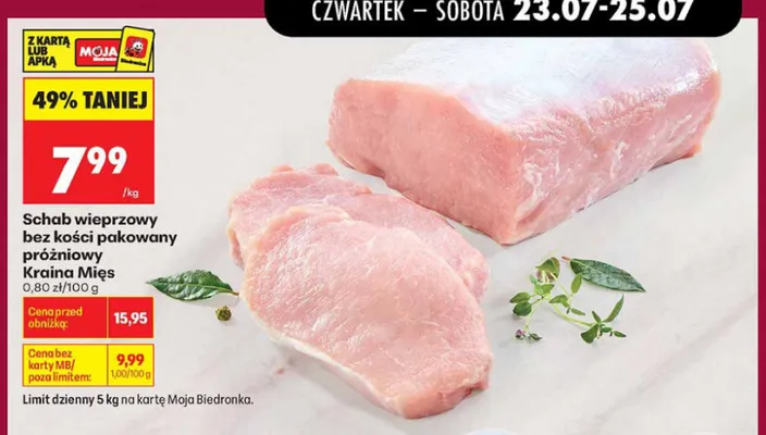 Schab wieprzowy bez kości pakowany próżniowo Kraina Mięs promocja w Biedronka