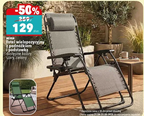 Fotel wielopozycyjny z podnóżkiem i podstawką Meven szary promocja w Biedronka