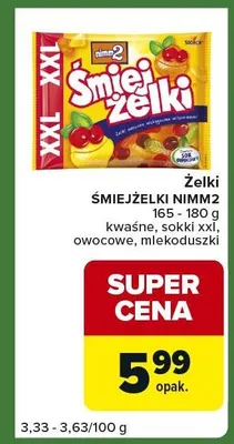 Żelki kwaśne, sokii xxl, owocowe, mlekoduszki promocja w Carrefour Express