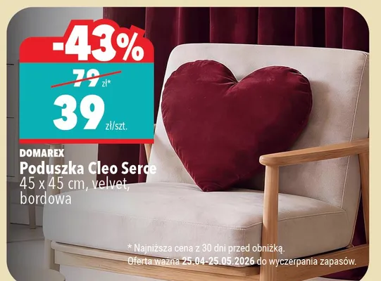 Poduszka Domabex Cleo Serce 45x45cm velvet bordowa promocja w Biedronka Home