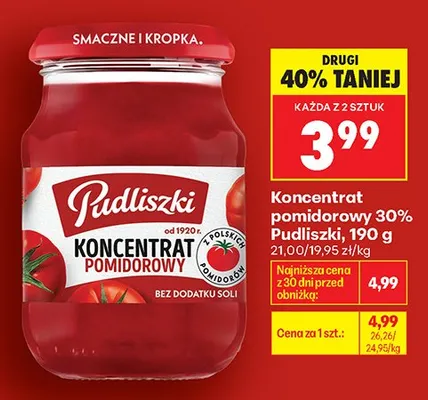 Koncentrat pomidorowy 30% Pudliszki promocja w Biedronka