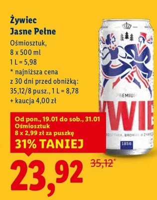 Piwo Żywiec Jasne Pełne 8x500 ml promocja w Lidl
