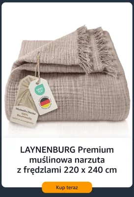 Laynenburg Premium muślinowa narzuta z frędzlami 220x240 cm promocja w Amazon