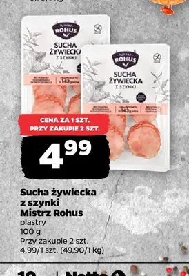 Kiełbasa sucha żywiecka z szynki Mistrz Rohus promocja w Netto