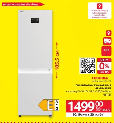 Chłodziarko-zamrażarka TOSHIBA GR-RB449WE promocja w Selgros