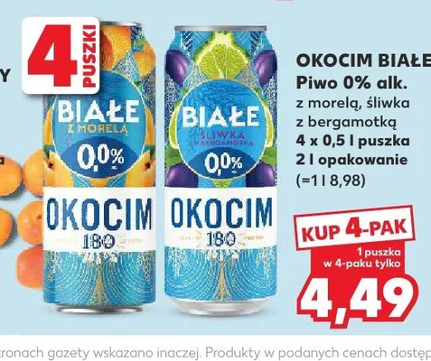 Piwo bezalkoholowe Okocim Białe śliwka z bergamotką 4-pak 0.5l promocja w Kaufland
