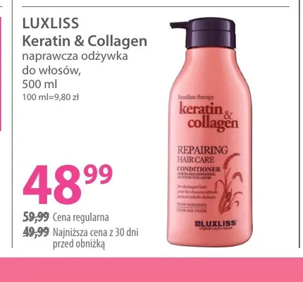 Naprawcza odżywka do włosów Keratin & Collagen Luxliss promocja w Hebe