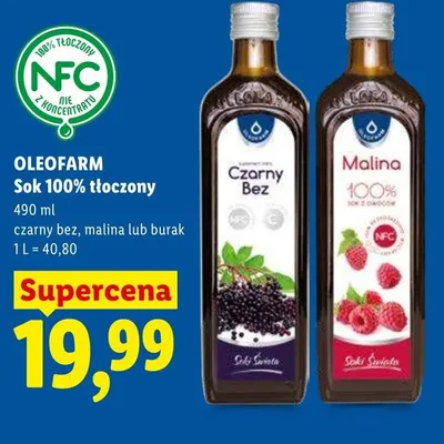 Sok 100% tłoczony Oleofarm malina promocja w Lidl