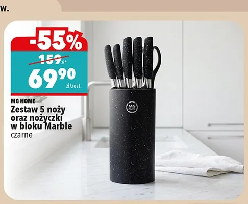 Zestaw 5 noży oraz nożyczki w bloku Marble MG Home czarne promocja w Biedronka