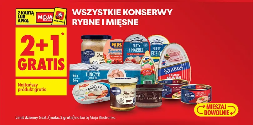 Wszystkie konserwy rybne i mięsne 2+1 GRATIS promocja w Biedronka