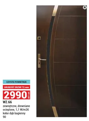 Drzwi zewnętrzne drewniane WZ.66 Czyste Powietrze ocieplone 1,1W/m2K grubość 72mm kolor dąb bagienny 90 promocja w Merkury Market
