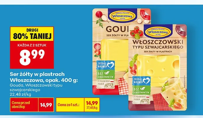 Ser żółty w plastrach Włoszczowskiego typu szwajcarskiego Włoszczowa promocja w Biedronka