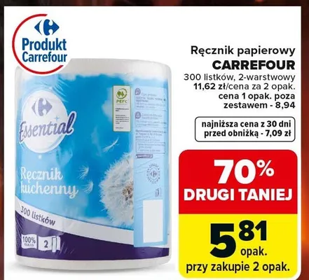 Ręcznik papierowy Carrefour Essential 300 listków 2-warstwowy promocja w Carrefour