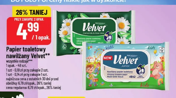 Papier toaletowy nawilżany Velvet Camomile & Aloe Vera promocja w POLOmarket