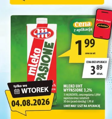 Mleko UHT Wypasione 3,2% Mlekovita promocja w Arhelan