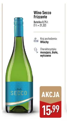 Wino Secco Frizzante musujące białe wytrawne Włochy promocja w Aldi
