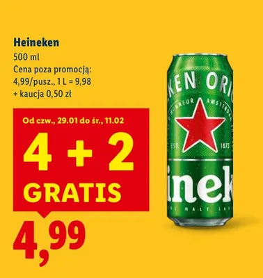 Piwo Heineken 4+2 GRATIS promocja w Lidl