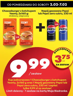 Zestaw: Cheeseburger z ketchupem Yeemy + Napój gazowany Pepsi/Pepsi zero cukru  promocja w Biedronka