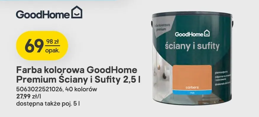 Farba kolorowa GoodHome Premium Ściany i Sufity 2,5 l promocja w Castorama