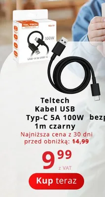Kabel USB Typ-C Teltech 5A 100W 1 m czarny promocja w Poczta Polska