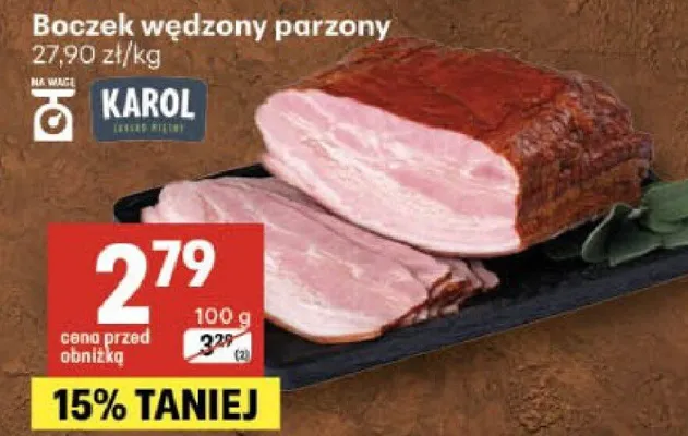 Boczek wędzony parzony Karol promocja w Delikatesy Centrum