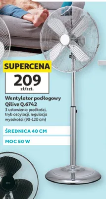 Wentylator podłogowy Qilive Q.6742 średnica 40cm moc 50W 3 ustawienia prędkości tryb oscylacji regulacja wysokości 90-120cm promocja w Auchan