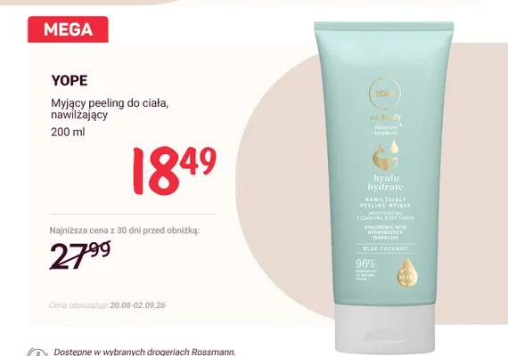Peeling do ciała myjący nawilżający Yope Hyalu Hydrate Blue Coconut promocja w Rossmann