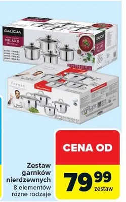 Zestaw garnków nierdzewnych Galicja Milano 8 elementów promocja w Carrefour