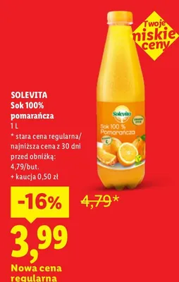 Sok pomarańcza Solevita 100% promocja w Lidl