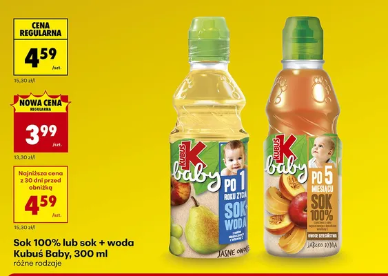 Sok + woda po 5 miesiącu różne rodzaje promocja w Biedronka