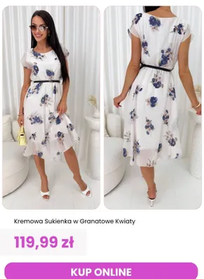 Sukienka kremowa w granatowe kwiaty ModnaKiecka.pl promocja w Modna Kiecka
