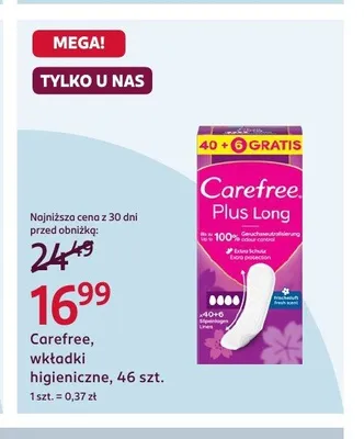 Wkładki higieniczne Carefree Plus Long promocja w Rossmann