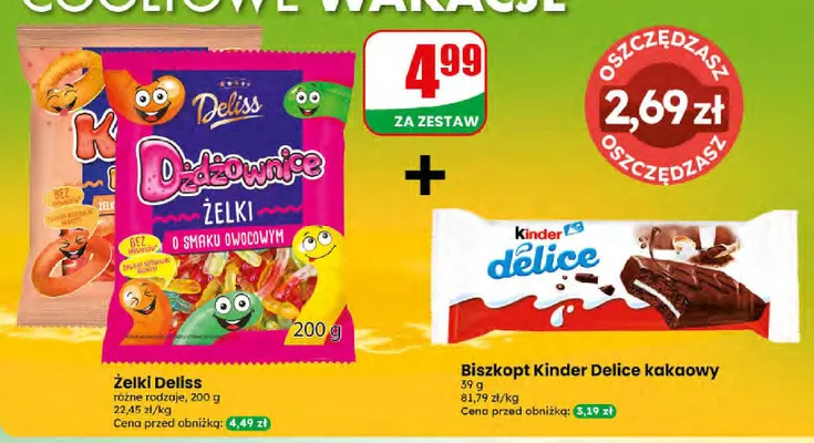 Zestaw żelki Deliss + biszkopt Kinder Delice kakaowy promocja w Dino
