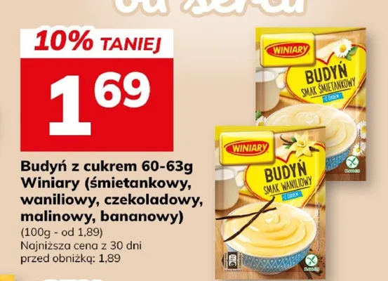 Budyń z cukrem 60-63g Winiary śmietankowy, waniliowy, czekoladowy, malinowy, bananowy promocja w Hitpol