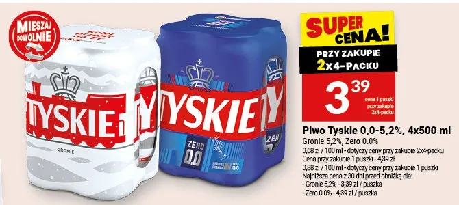 Piwo Tyskie 0,0-5,2%, 4x500ml promocja w Twój Market
