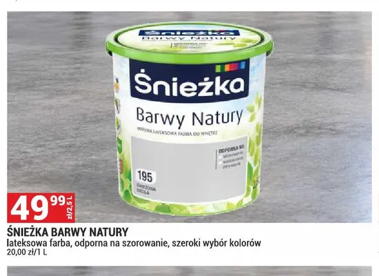 Farba lateksowa odporna na szorowanie Śnieżka Barwy Natury promocja w Merkury Market