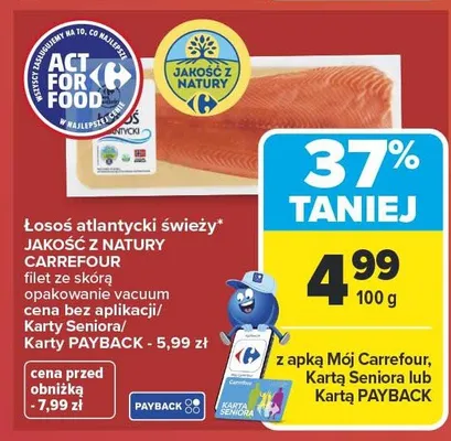 Łosoś atlantycki świeży filet ze skórą opakowanie vacuum Jakość z Natury Carrefour promocja w Carrefour Market