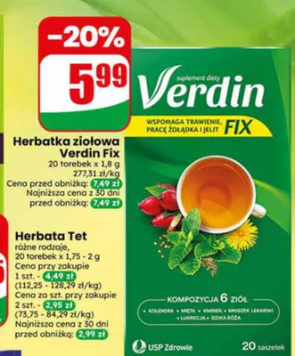 Herbatka ziołowa Verdin Fix promocja w Dino