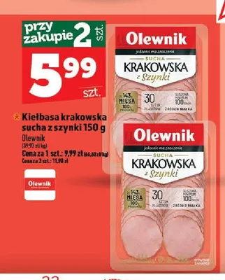 Kiełbasa krakowska sucha z szynki Olewnik promocja w TOPAZ