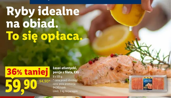 Łosoś atlantycki porcje z fileta XXL Targ Rybny Lidla 8-pak 125g promocja w Lidl