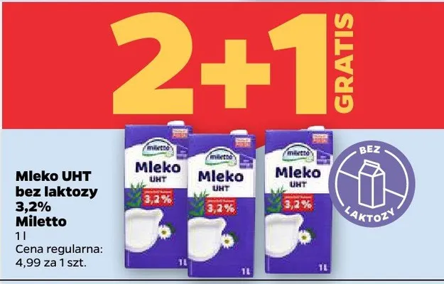 Mleko UHT bez laktozy 3,2% Miletto promocja w Netto