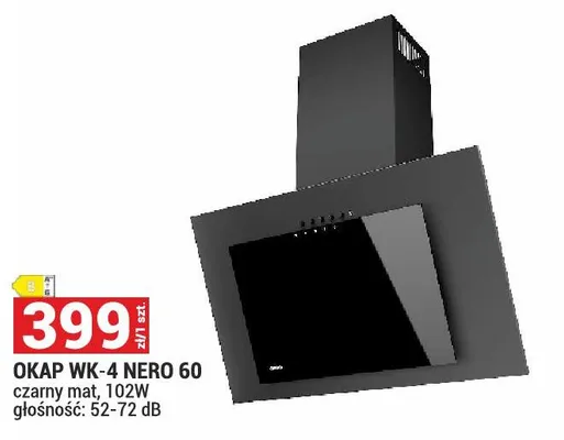 Okap WK-4 NERO 60 czarny mat 102W głośność 52-72dB promocja w Merkury Market