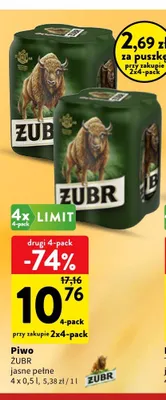 Piwo Żubr jasne pełne 4-pak 500 ml promocja w Intermarche