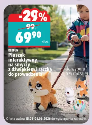 Pluszak interaktywny na smyczy z dźwiękiem i rączką do prowadzenia ELEFUN promocja w Biedronka Home