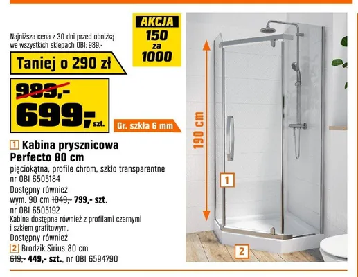 Kabina prysznicowa Perfecto 80 cm promocja w OBI