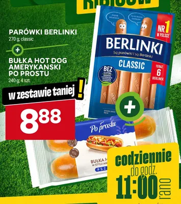 Zestaw parówki Berlinki Classic 270 g + bułka hot dog amerykański Po Prostu 240 g 4 szt. promocja w Stokrotka