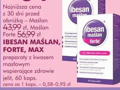 Suplement diety IBESAN MASLAN, FORTE, MAX preparaty z kwasem masłowym wspierające zdrowie jelit, 60 kaps. promocja w Makro